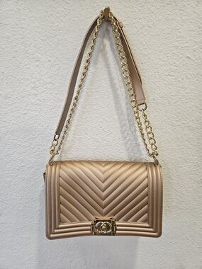 Quilted Metallic Nude Shoulder Bag with Gold Chain Strap